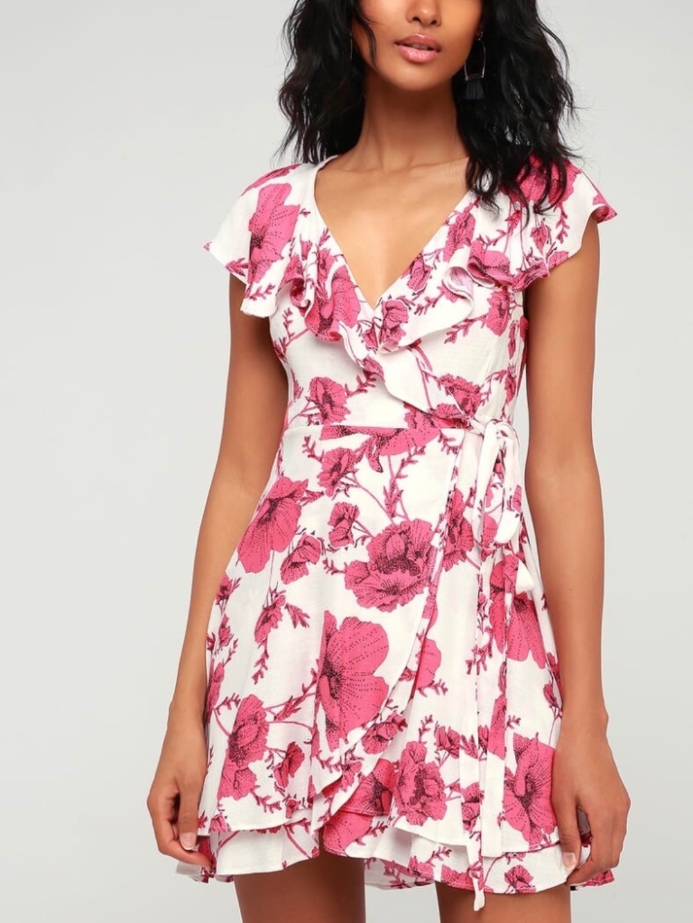 EUC ✵☽Free People☾✵ Pink White Floral V Short Sleeve Wrap Mini Dress | Medium